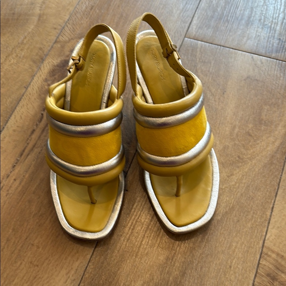 Tory Burch Yellow and Silver Sandals with stacked wedge.  8
